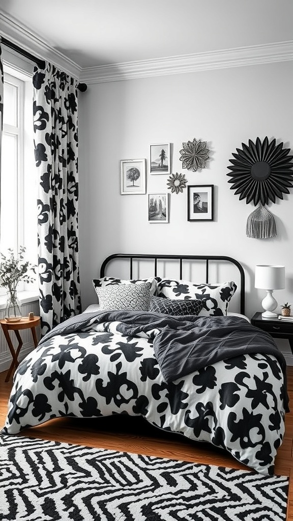 A black and white bedroom featuring floral bedding, geometric rug, and framed wall art.