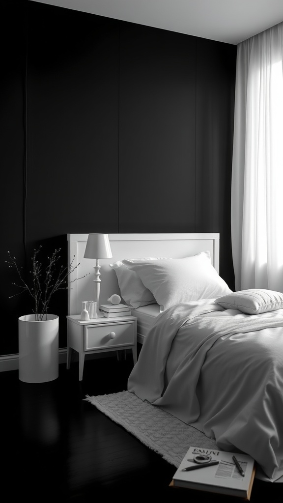 A black bedroom featuring white accents, including bedding, a nightstand, and curtains.