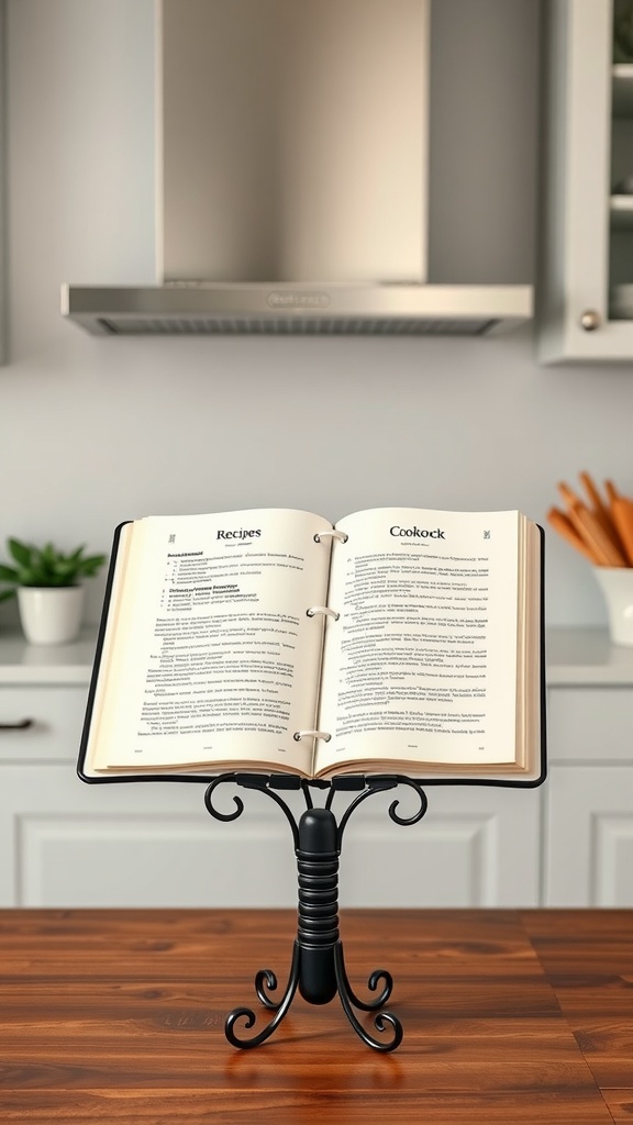 Cookbook stand with an open recipe book on a wooden kitchen counter.