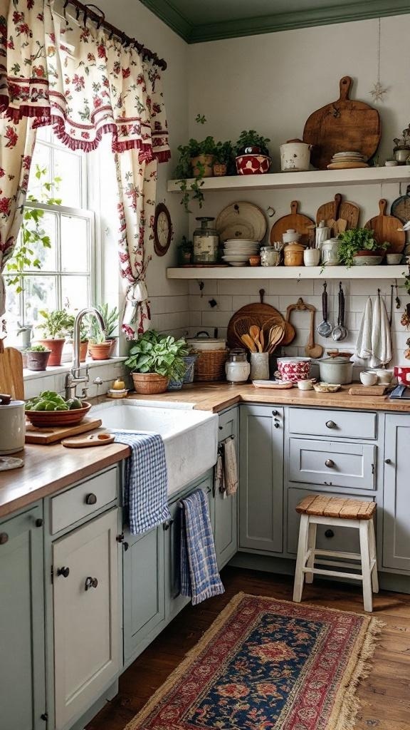 A cozy farmhouse kitchen with floral curtains, checkered dish towel, and a colorful rug.