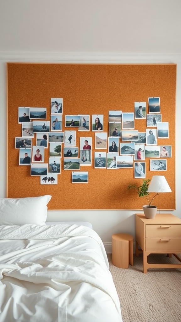 A corkboard picture wall filled with various photos in a cozy bedroom setting.