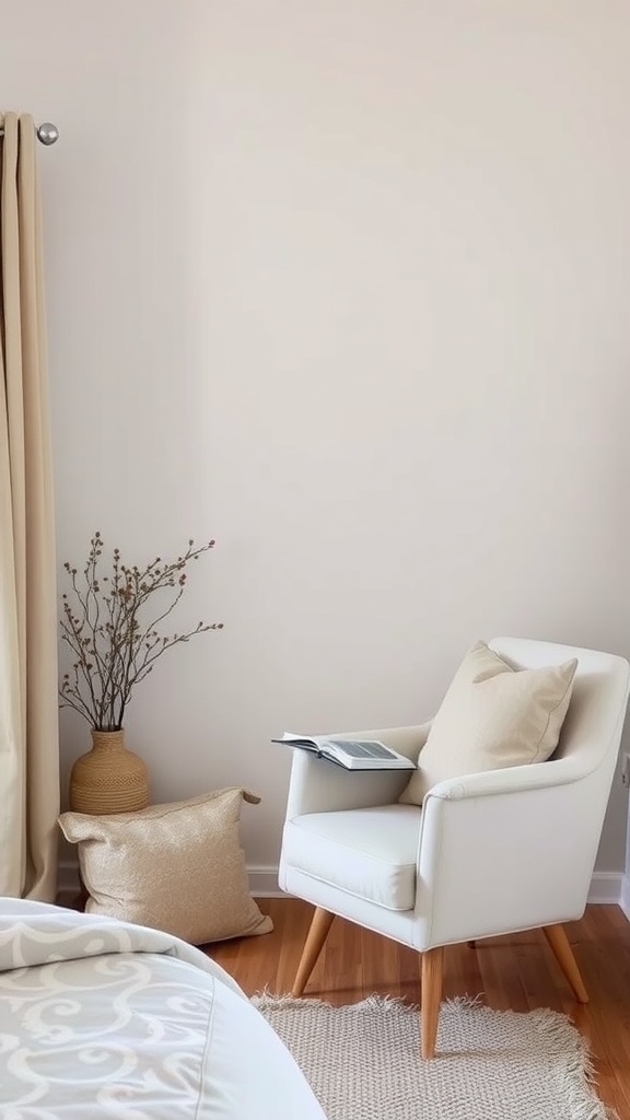 Cozy corner reading nook with a white chair, soft pillows, and decorative elements.