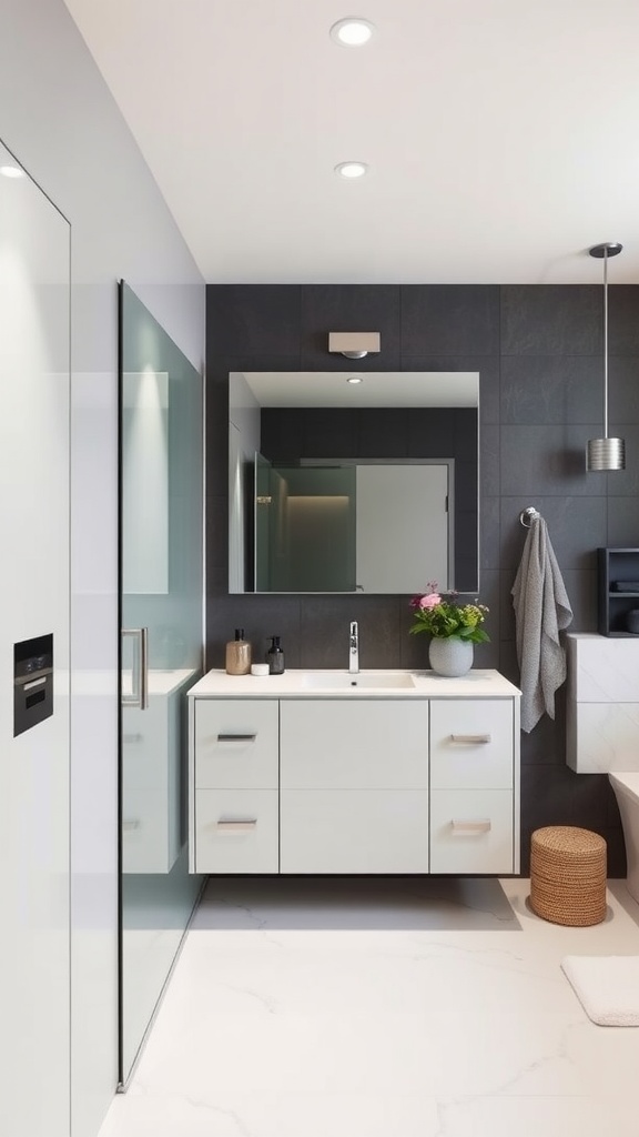 A modern corner bathroom vanity with white cabinetry, a mirror, and a plant.