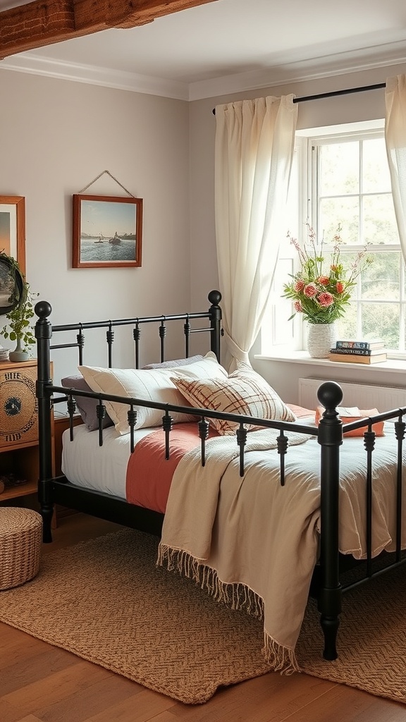 A cozy bedroom featuring a black bed frame, layered bedding, and cottage-inspired decor.