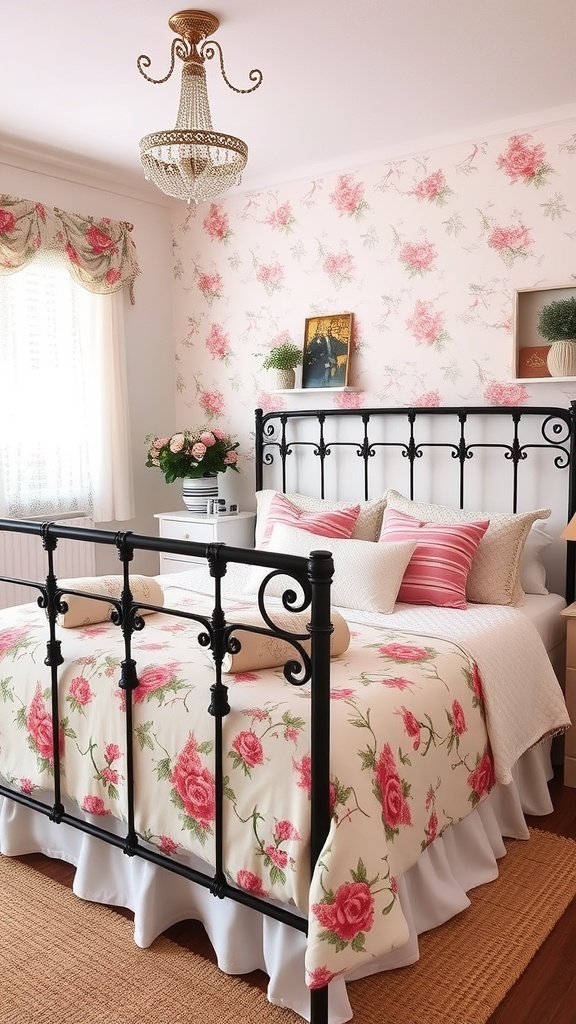 A cozy bedroom featuring a black iron bed frame, floral bedding, and a chandelier.