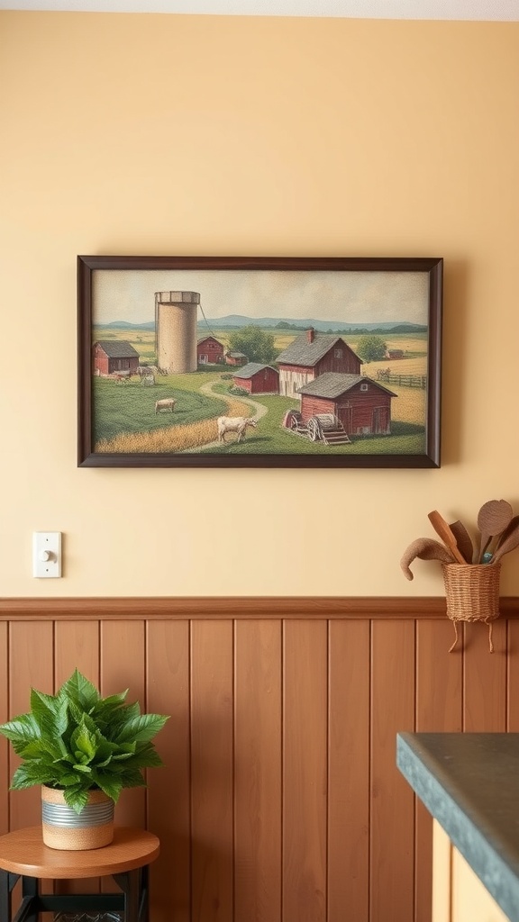 Framed painting of a red barn and farm landscape on a kitchen wall