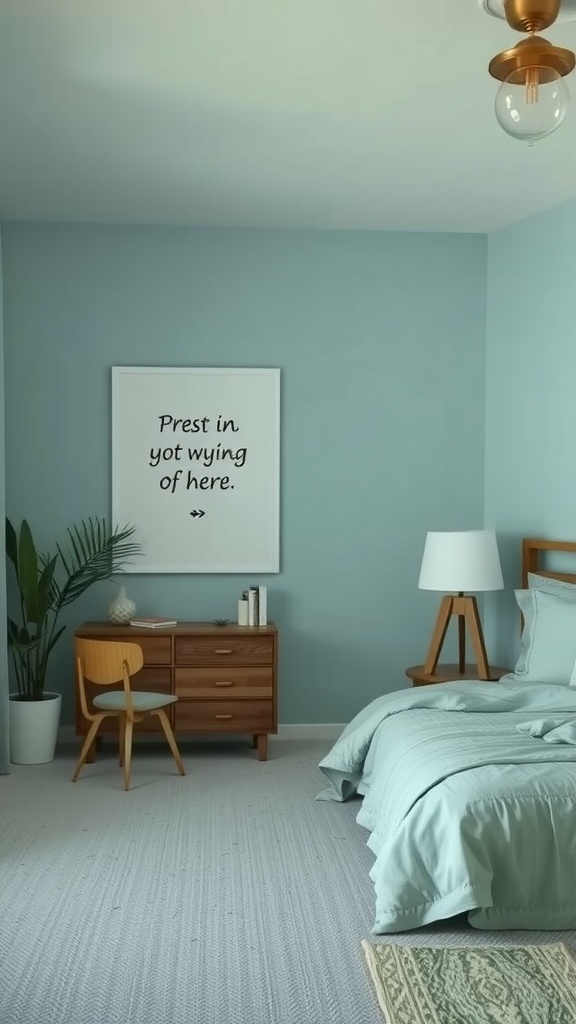 A cozy bedroom featuring soft blue walls, light blue bedding, wooden furniture, and a potted plant.