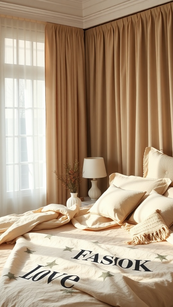 A cozy beige bedroom with soft linens and warm lighting.