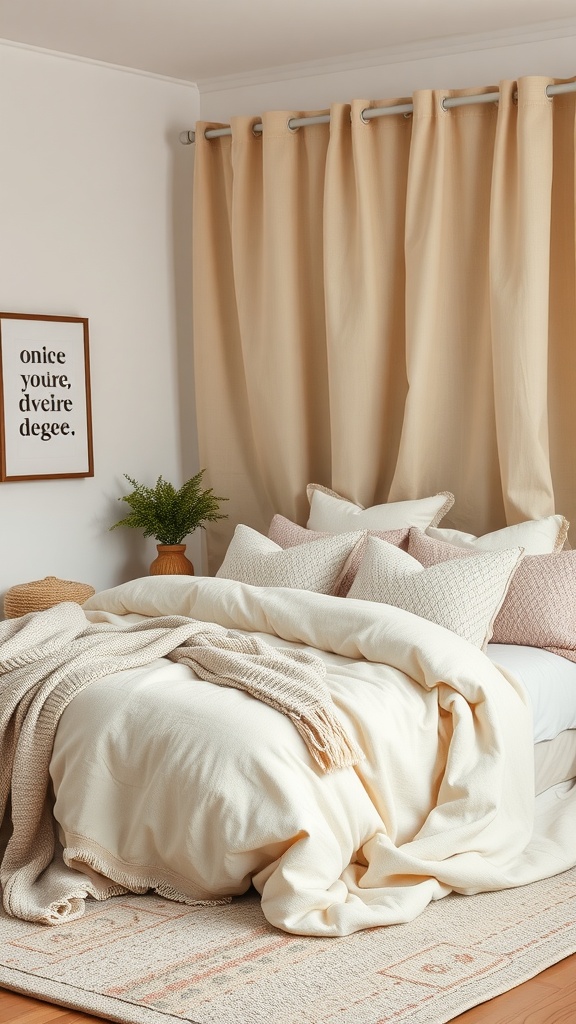 Cozy beige bedroom with soft bedding, decorative pillows, and a potted plant.