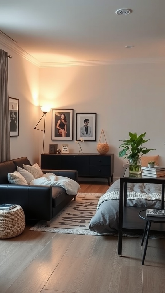 Cozy black and white bedroom with modern furniture and warm lighting