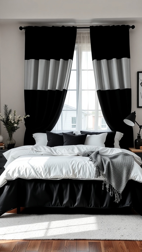 A cozy black and white bedroom featuring a bed with white linens, black bed skirt, striped curtains, and wooden flooring.