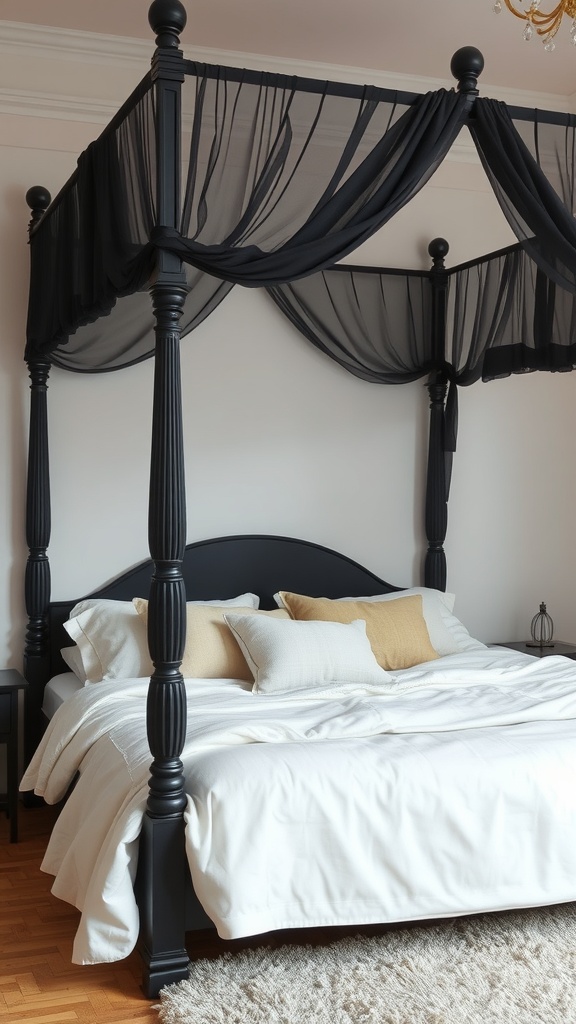 Cozy black canopy bed with layered white and beige bedding