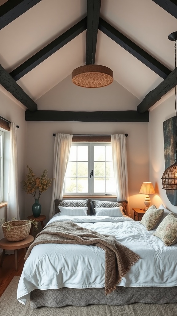 A cozy bedroom with a high ceiling, dark beams, and soft bedding, featuring natural light and decorative elements.