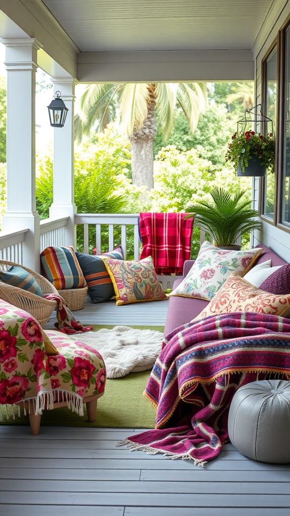 Cozy back porch with colorful pillows and blankets