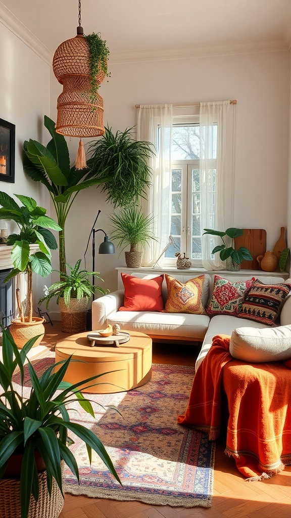 Cozy bohemian living room with plants, colorful pillows, and warm lighting.