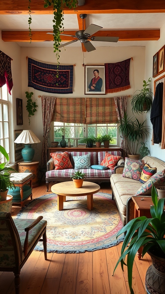 Cozy bohemian living room with colorful pillows, plants, and artwork.