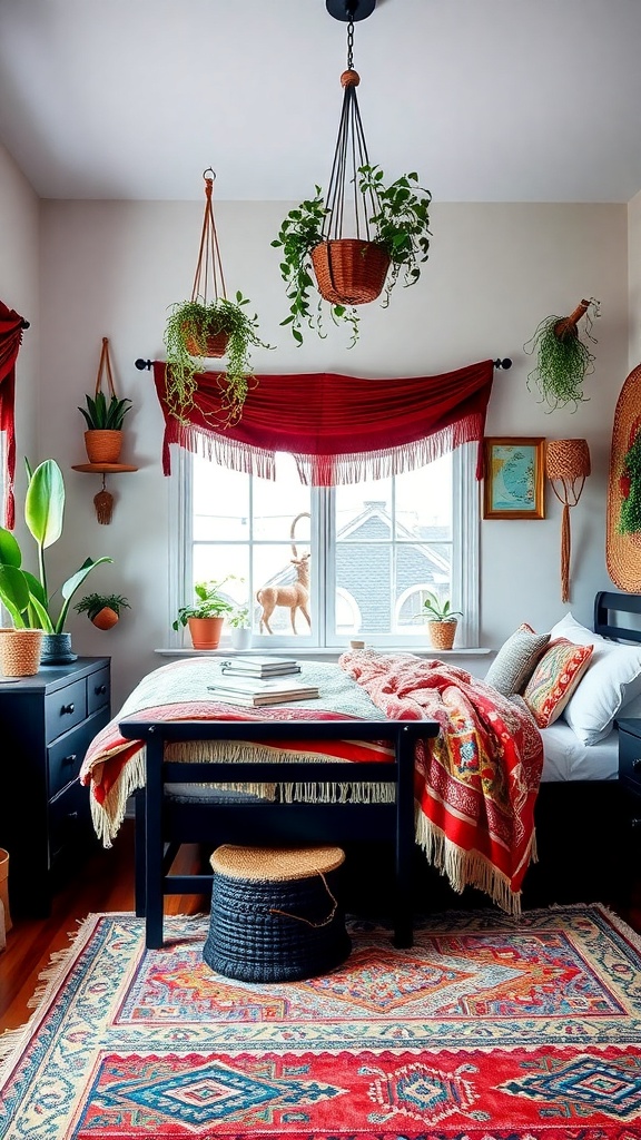 A cozy bohemian living room featuring black furniture, colorful pillows, hanging plants, and vibrant decor.
