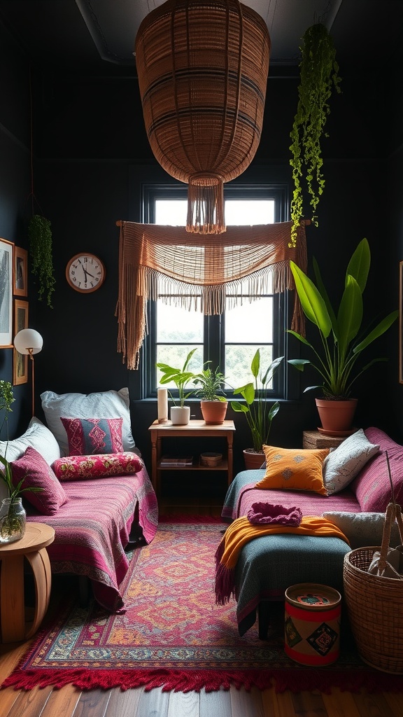 A cozy bohemian bedroom with black walls, colorful textiles, plants, and warm lighting.