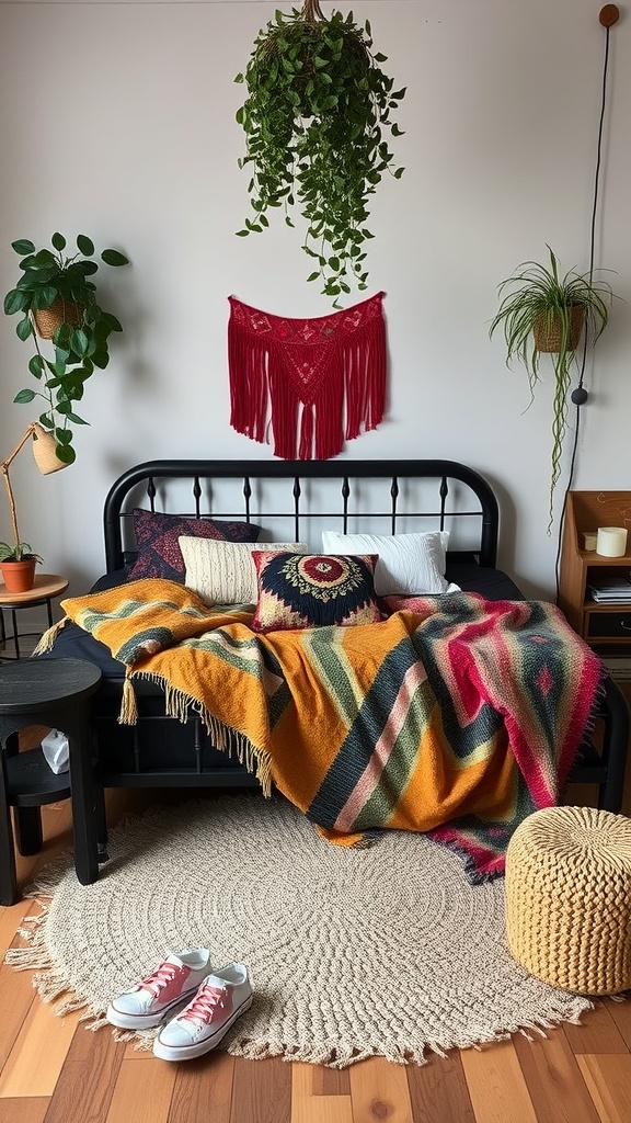 A cozy bedroom featuring a black bed with a colorful throw blanket, surrounded by plants and a jute rug.