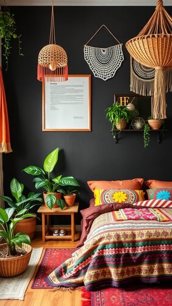 A cozy bohemian bedroom featuring a black accent wall, colorful textiles, and plants.