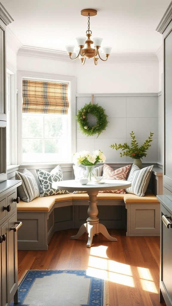 A cozy breakfast nook with built-in seating, round table, and decorative elements.