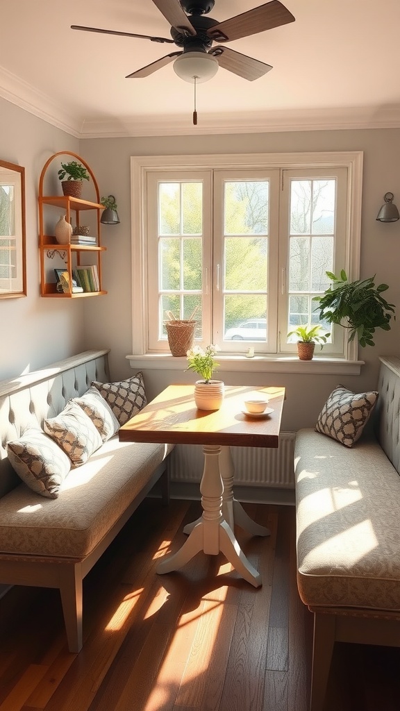 Cozy breakfast nook with bench seating, a wooden table, and potted plants.