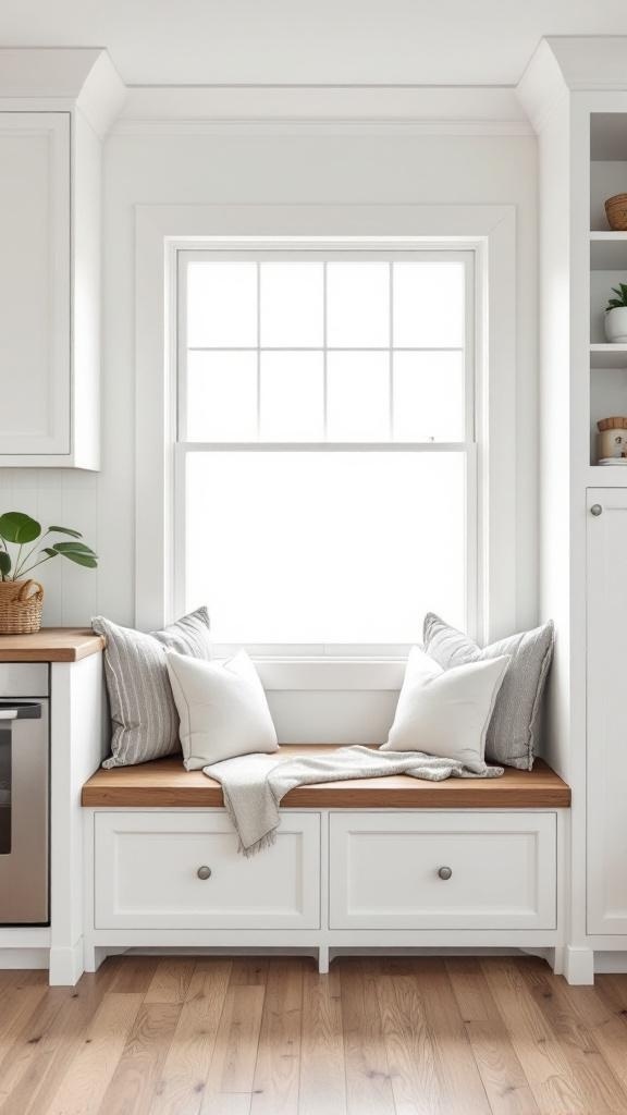 Cozy breakfast nook with bench seating, pillows, and natural light