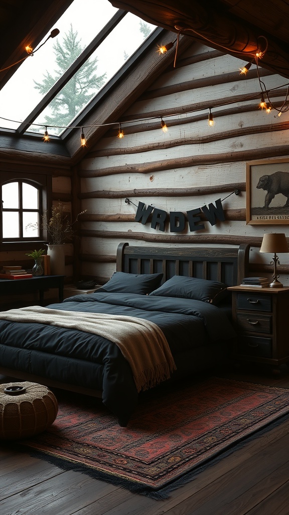 Cozy cabin bedroom with black bedding, wooden walls, and warm lighting