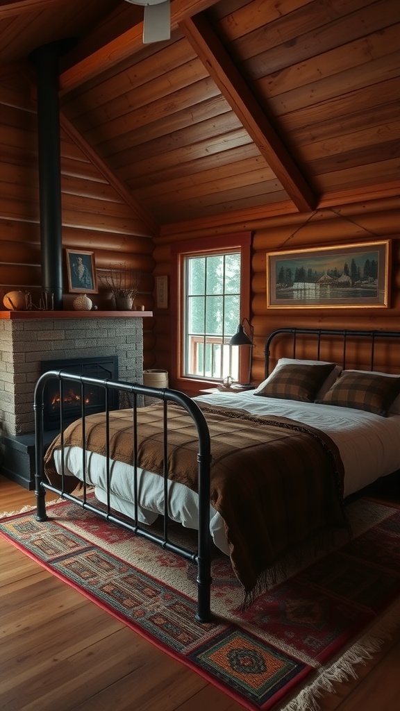 Cozy cabin bedroom with a black metal bed frame, warm wooden walls, and a fireplace.