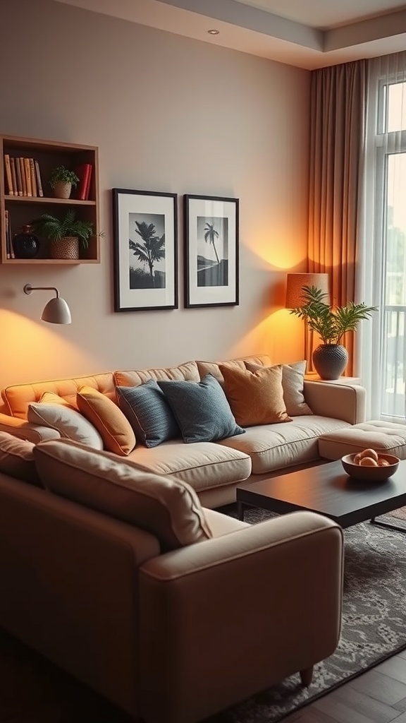 A cozy corner in a living room featuring a soft sectional sofa, colorful throw pillows, warm lighting, a coffee table, and plants.