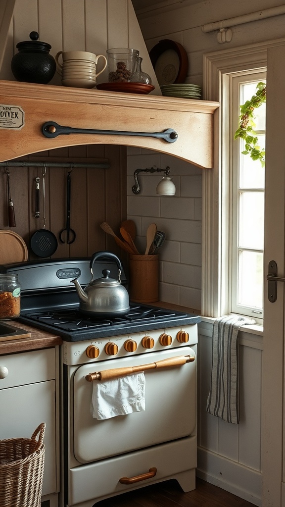 Cozy farmhouse kitchen corner featuring an old-fashioned stove with a kettle, wooden countertop, and natural light.