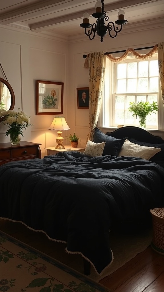 A cozy bedroom featuring a black comforter, warm lighting, and charming decor.
