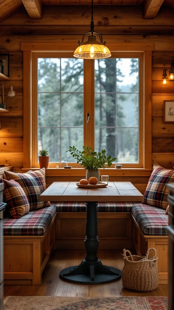 Cozy dining nook in a cabin with wooden walls, plaid cushions, and a pendant light.