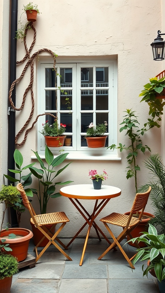 A cozy outdoor dining nook featuring a small round table and two chairs surrounded by plants.