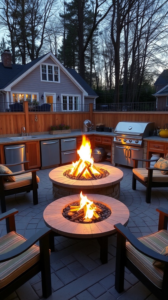 Cozy outdoor kitchen with fire pits and seating area