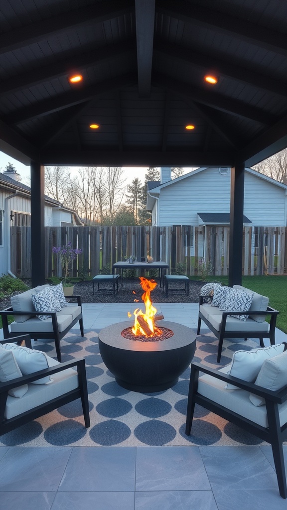 A cozy fire pit corner with modern seating and a stylish fire pit on a covered patio.