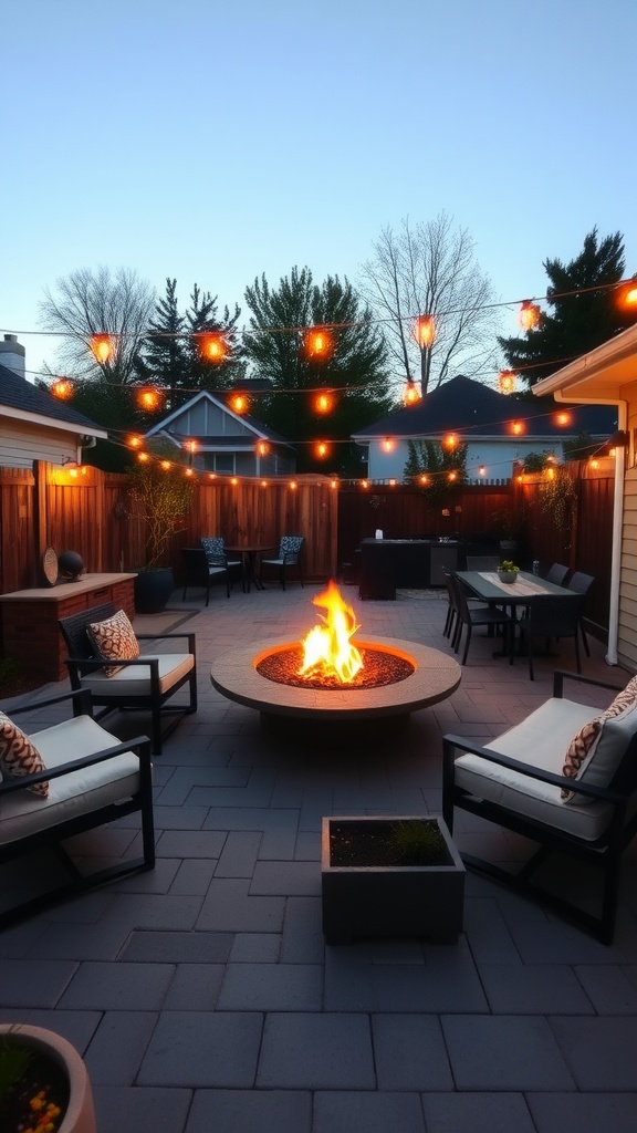 Cozy outdoor fire pit dining area with string lights and modern seating