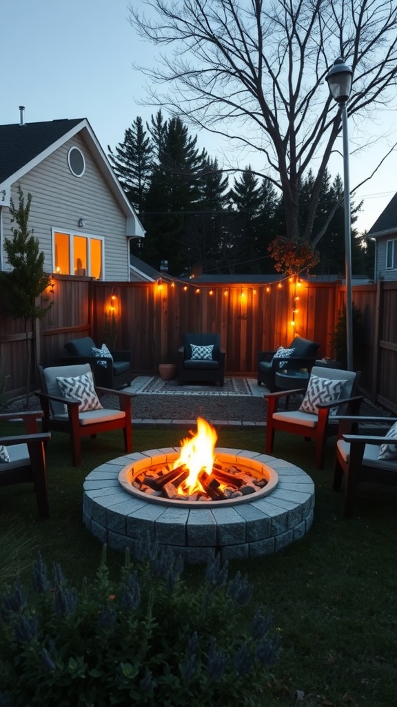 A cozy fire pit gathering spot with chairs and string lights in a backyard.