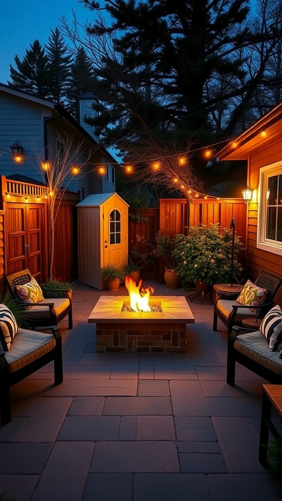 A cozy small back patio featuring a fire pit surrounded by chairs and string lights.