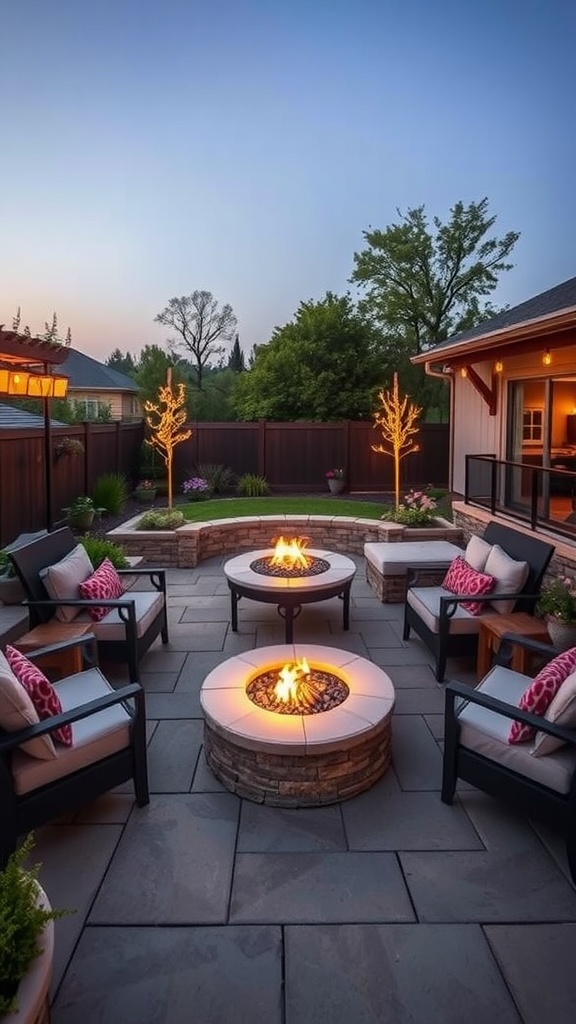 Cozy outdoor fire pit with seating and decorative cushions in a backyard setting.