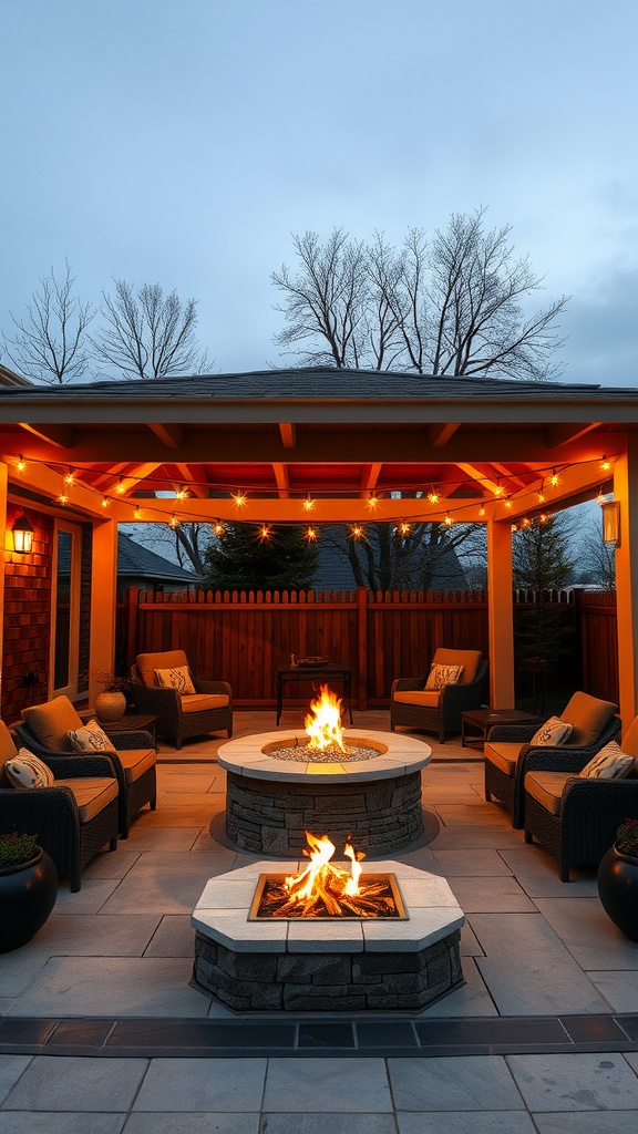 Cozy outdoor covered patio with a fire pit, comfortable seating, and string lights.