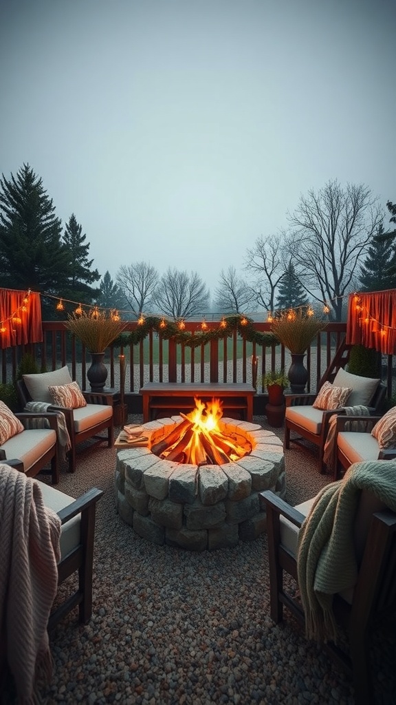 A cozy fire pit seating arrangement with chairs, blankets, and string lights.