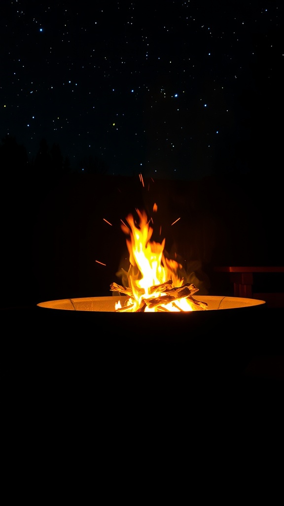 A cozy fire pit with flames against a starry night sky.