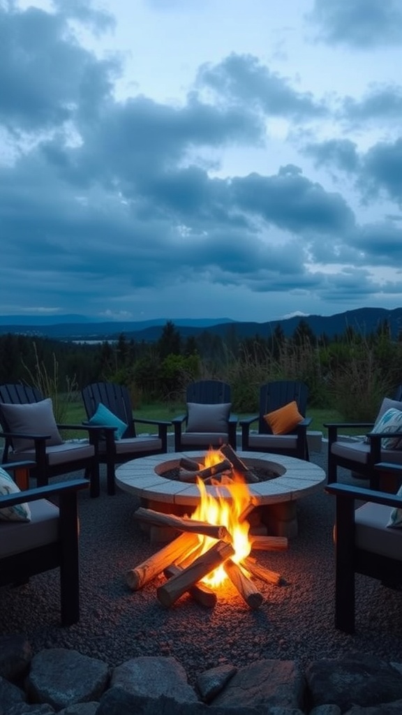 A cozy firepit surrounded by cushioned seating in a backyard.