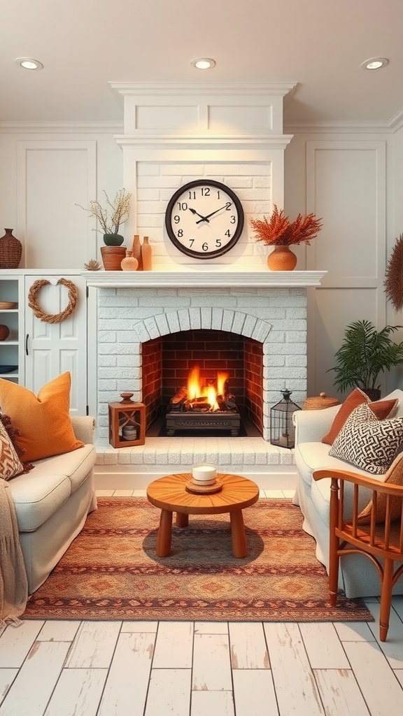 Cozy white kitchen with a fireplace, comfortable seating, and decorative elements.