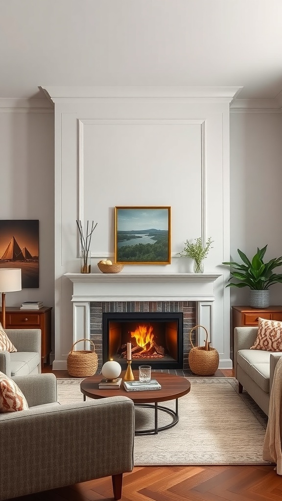 Cozy living room with a fireplace, comfortable seating, and decorative accents.