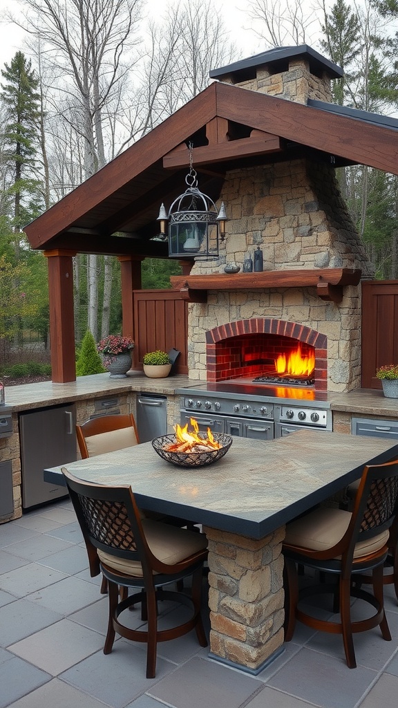 Cozy farmhouse outdoor kitchen with a fireplace and dining area