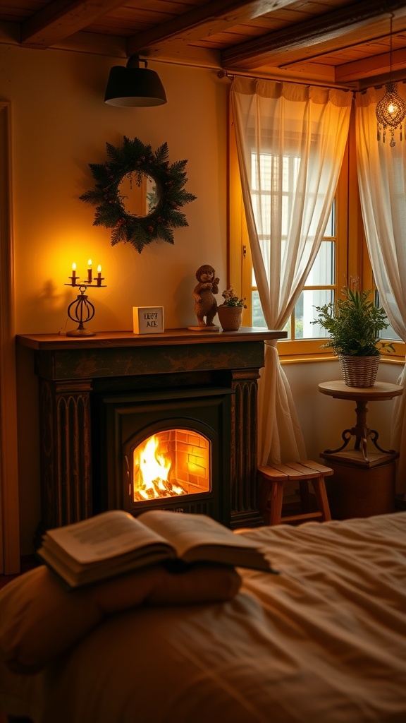 A cozy bedroom with a fireplace, soft bedding, and warm lighting.