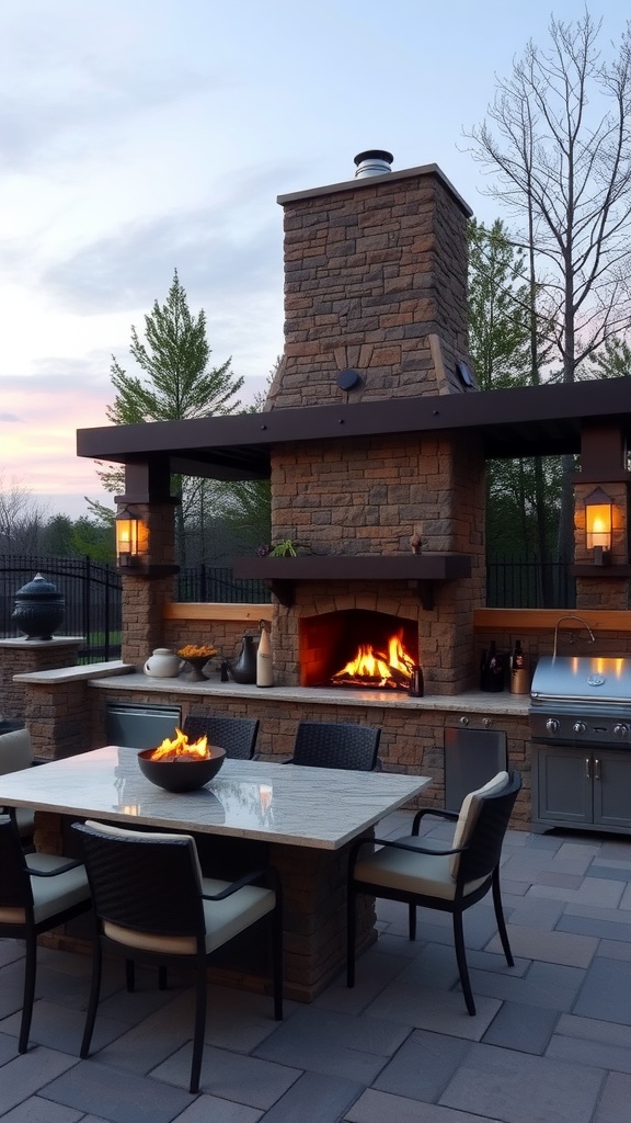 A stone outdoor fireplace with a dining area featuring a fire pit table.
