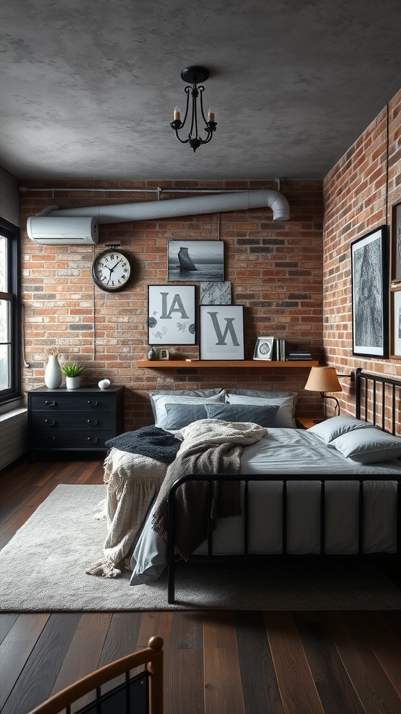 Cozy industrial bedroom featuring gray and black decor with exposed brick walls and stylish furniture.